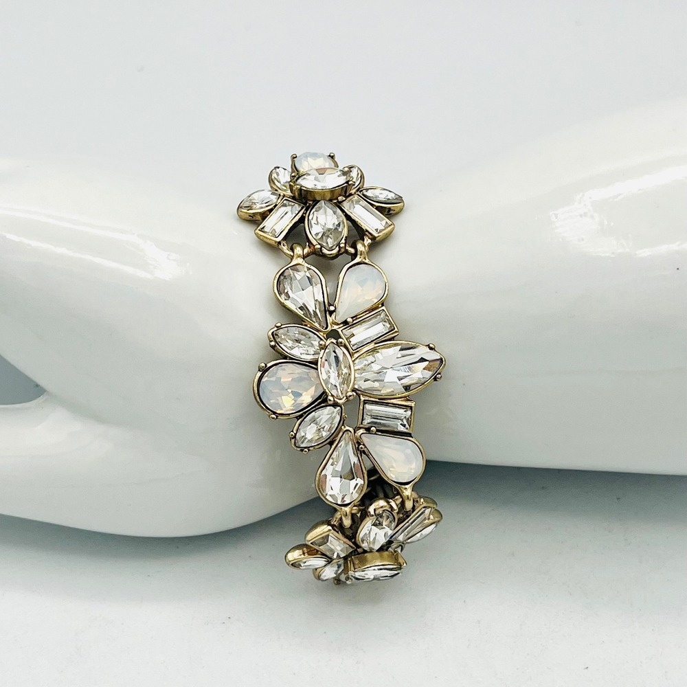 Lucky Brand Crystal Floral Bracelet Gold Adjustable Tan Cord Rhinestone